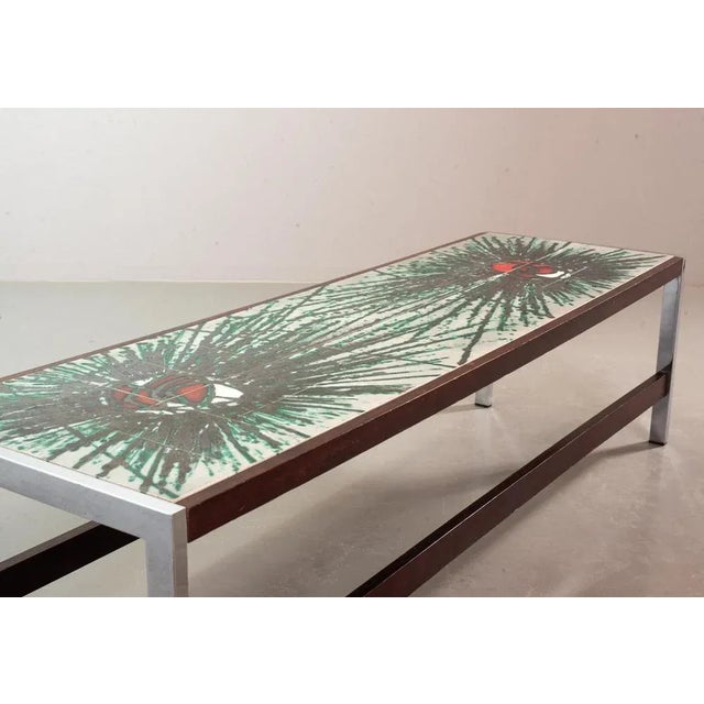 Large Rectangle Ceramic Color Explosion Coffee Table on Chromed and Wooden Frame from De Nisco, Belgium, 1970s For Sale - Image 4 of 12