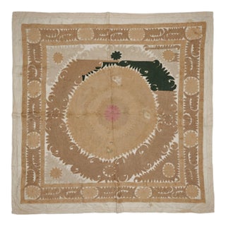 Suzani Wall Decor - Neutral Tan Uzbek Tablecloth 4'6'' X 5'1'' For Sale