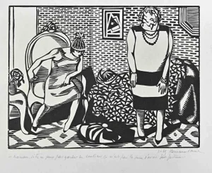 Hermann Paul, The Conversation, Original China Ink Drawing, Early 20th Century