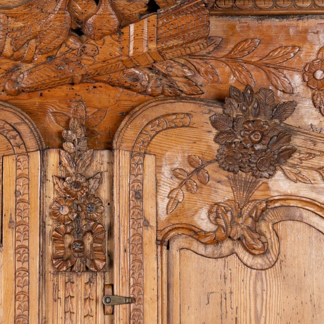 Brown 18th Century French Carved Pine Two Door Wedding Armoire Cabinet For Sale - Image 8 of 18