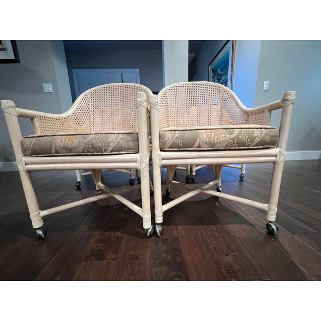 McGuire Vintage McGuire San Francisco Rattan Barrel Back Armchairs, Set of 5 McGuire Rolling Chairs in Excellent Condition For Sale - Image 4 of 8