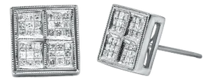 14K White Gold 1/2 Cttw Princess Diamond Composite Box Shape Milgrain Stud Earrings (H-I Color, SI1-SI2 Clarity)