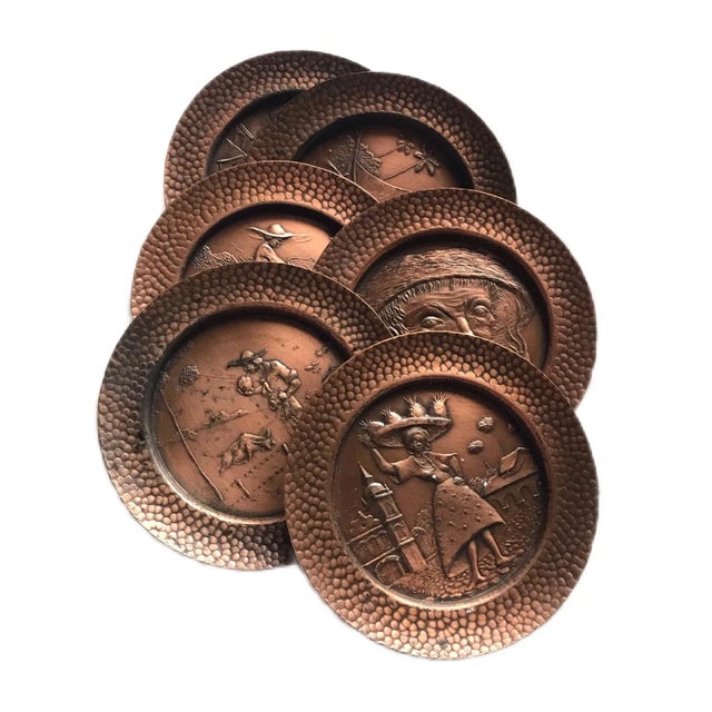 Beinal Mid Century Brazilian Embossed Copper Cultural Coasters- Set of 6 For Sale - Image 11 of 11