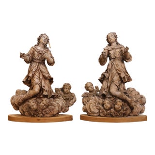 Pair 18th Century Italian Baroque Carved Painted Wood Adoring Angel Sculptures For Sale
