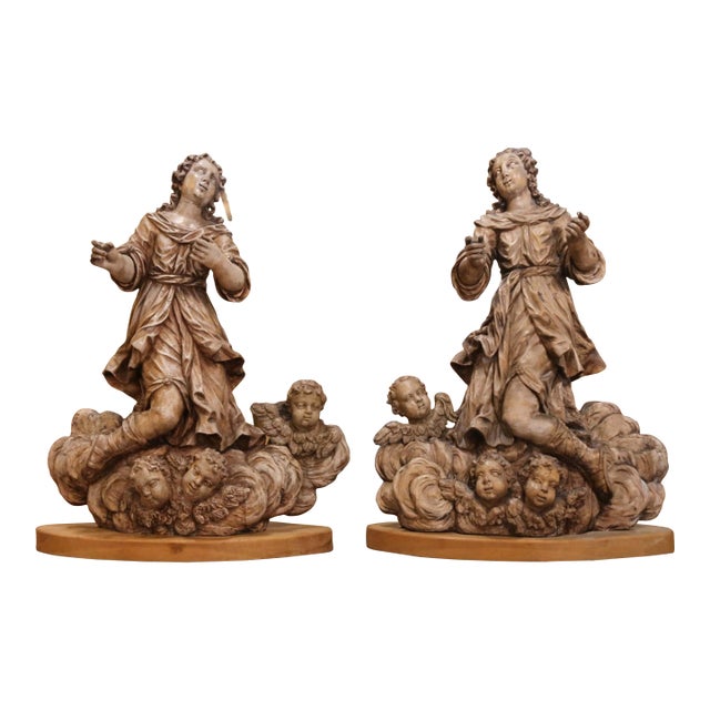 Pair 18th Century Italian Baroque Carved Painted Wood Adoring Angel Sculptures For Sale