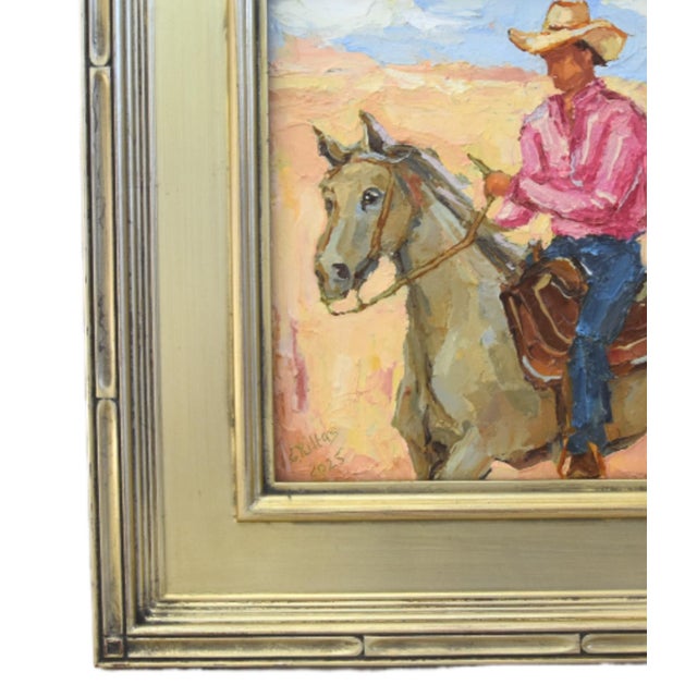 Impressionist oil painting on an artist's hardboard panel of a western cowboy, horse with a hat displayed in a...