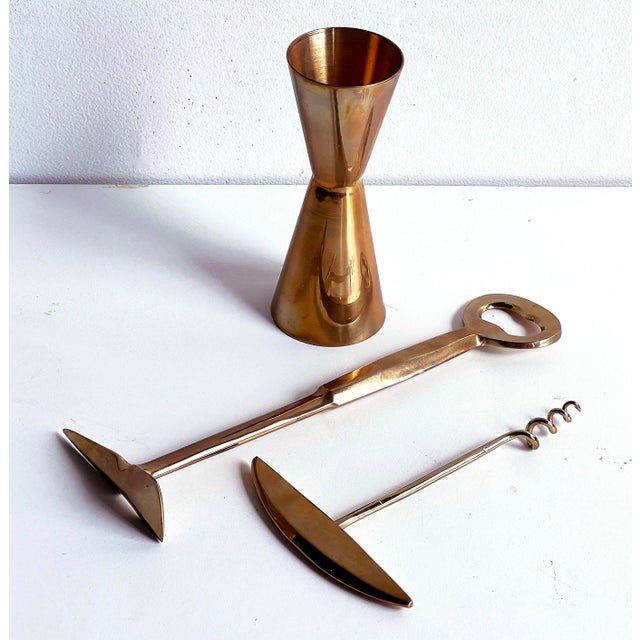 Vintage Mid Century Modern Solid Brass Modernist Bar Tools Incl. Jigger, Bottle Opener, and Corkscrew - Set of 3 For Sale - Image 4 of 6