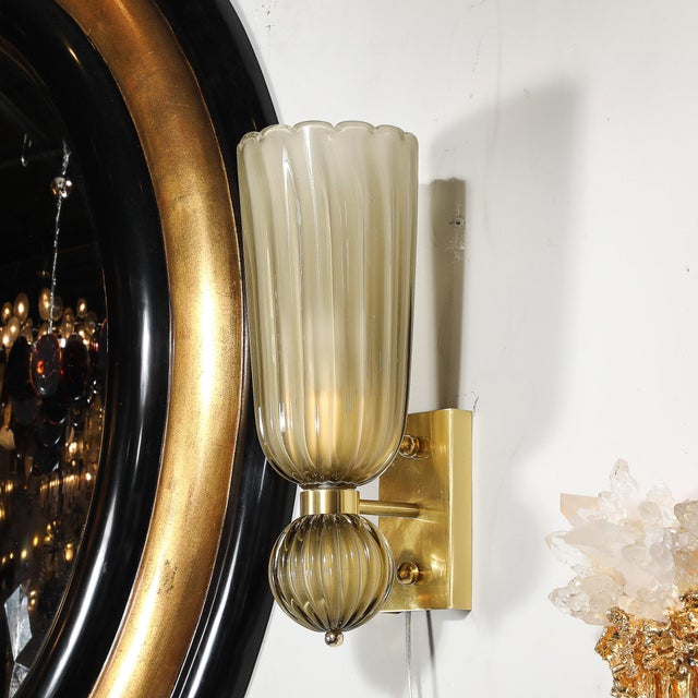 Pair of Modernist Hand-Blown Murano Fluted Glass Sconces in Frosted Smoked Topaz For Sale - Image 9 of 18
