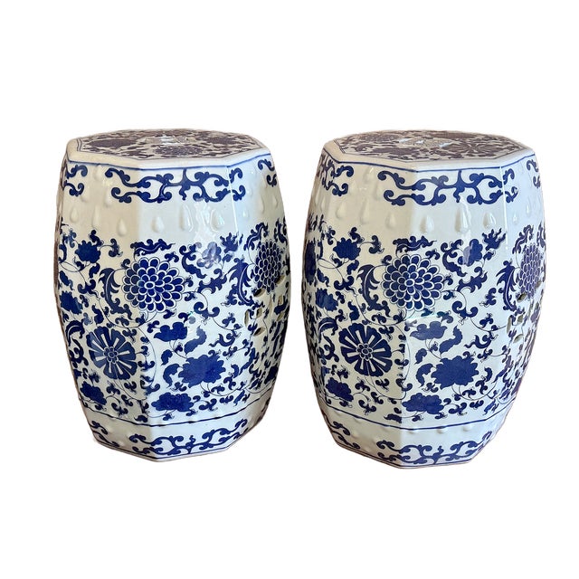 Chinoiserie Blue & White Peony Hexagon Garden Stools - A Pair For Sale In Houston - Image 6 of 12