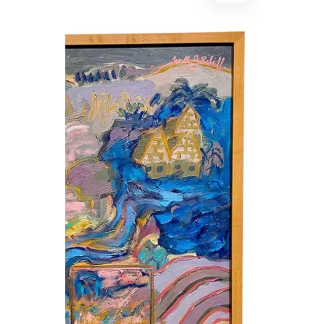 Vintage 60s Molly Schiff Pastel Colorful Abstract Whimsical Landscape Oil Painting on Canvas For Sale - Image 4 of 4
