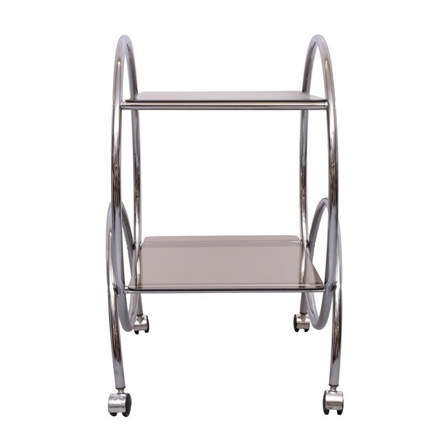 Stunning two tier Bar Card or Serving card. Chrome circle shaped frame. Comes with two Smoked Glass tops, on wheels. Great...