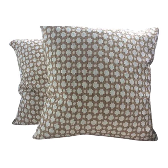 Schumacher Betwixt Pillows in Biscuit Brown & White Woven - a Pair For Sale