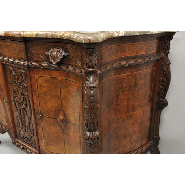 Antique French Louis XV Baroque Burl Walnut Marble Top Commode 5 Drawer Dresser For Sale - Image 14 of 16