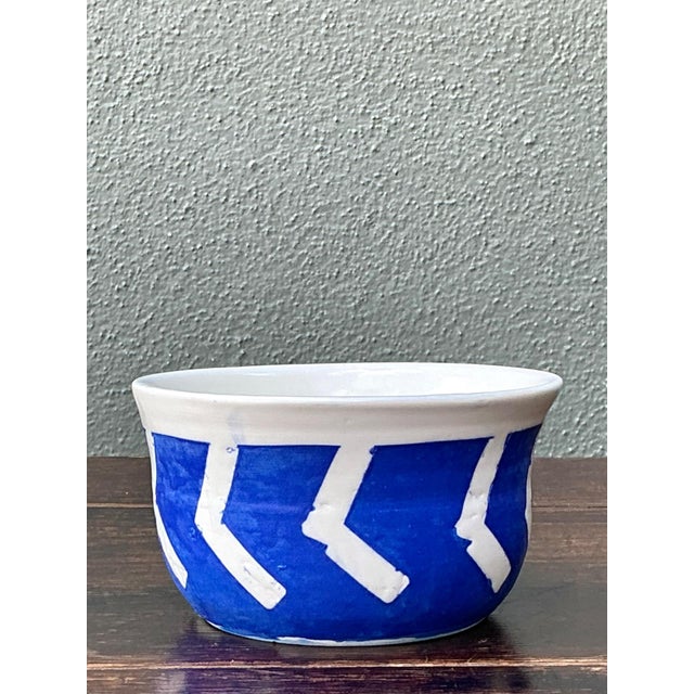 Hand-Painted Blue Geometric Ceramic Bowl For Sale - Image 13 of 13