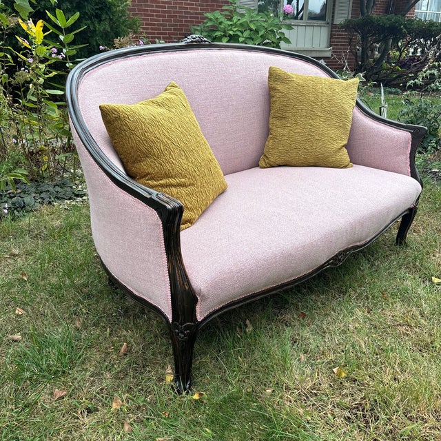 Vintage Blush Wood Frame Loveseat For Sale - Image 13 of 15