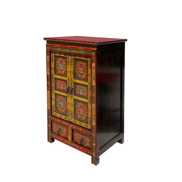 Tibetan Orange Yellow Jewel Floral Tall End Table Nightstand Cabinet For Sale - Image 4 of 6
