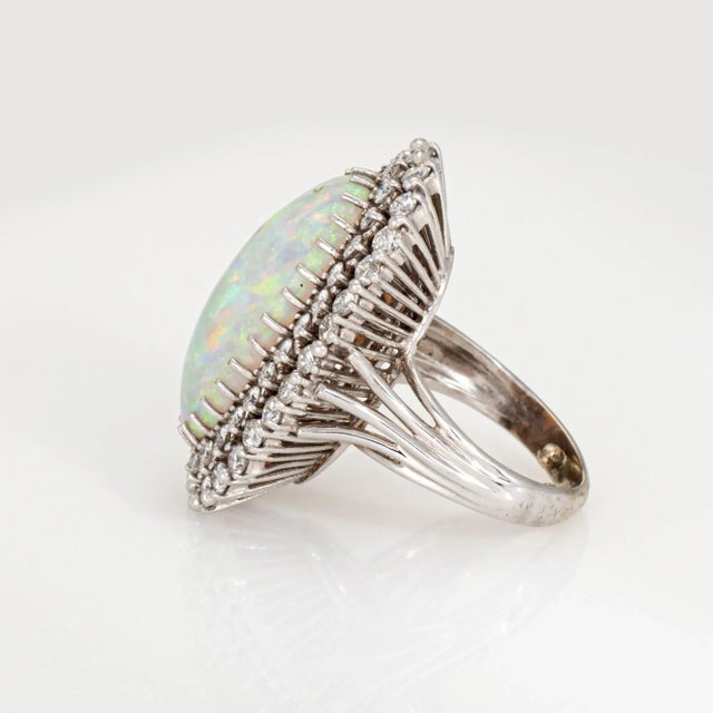 Vintage Elongated 9ct Opal 2.25ct Diamond Ring 14k White Gold Sz 5.5 Cocktail For Sale - Image 4 of 6