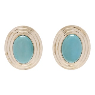 Vintage Large Turquoise Oval Stud Earrings, 14k Yellow Gold, Length 1 Inch, Pair For Sale