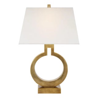 Chapman & Myers by Visual Comfort Signature Ring Form Small Table Lamp in Antique-Burnished Brass with Linen Shade For Sale