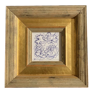 1980’s Original Wayne Cunningham Small Abstract Blue Ink Drawing Chunky Gold Frame For Sale
