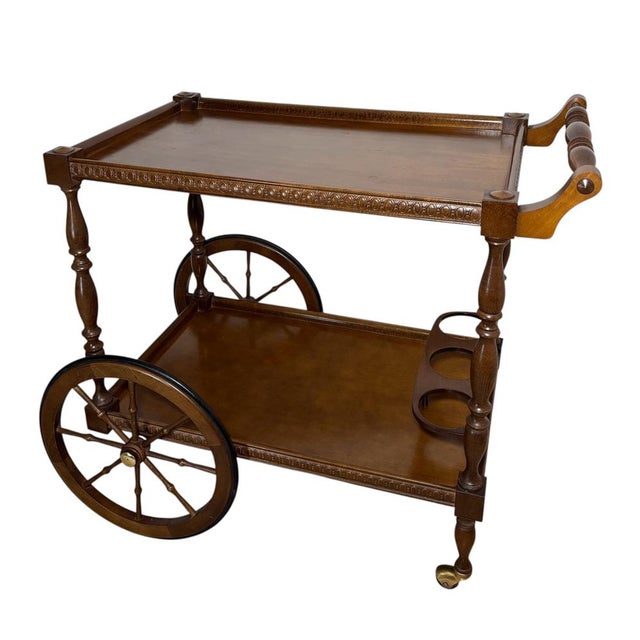 Mid-Century Modern Spanish Wooden Bar Cart with Turned Legs and Bottle Holder, 1940 For Sale - Image 14 of 14