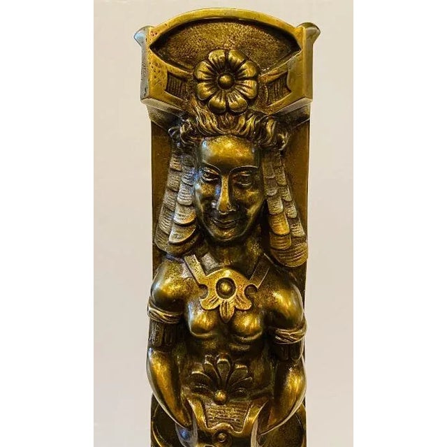 Pair of good quality late 19th century brass andirons in the early 17th century style with a male and female figure with...