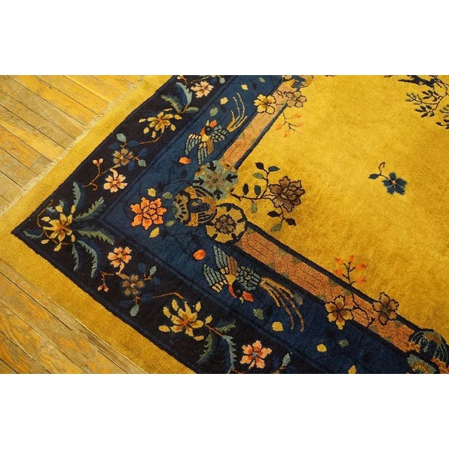 1920s Dynamic Yellow-Saffron Background Color With Nice Floral Design Antique Chinese Art Deco Rug For Sale - Image 5 of 9