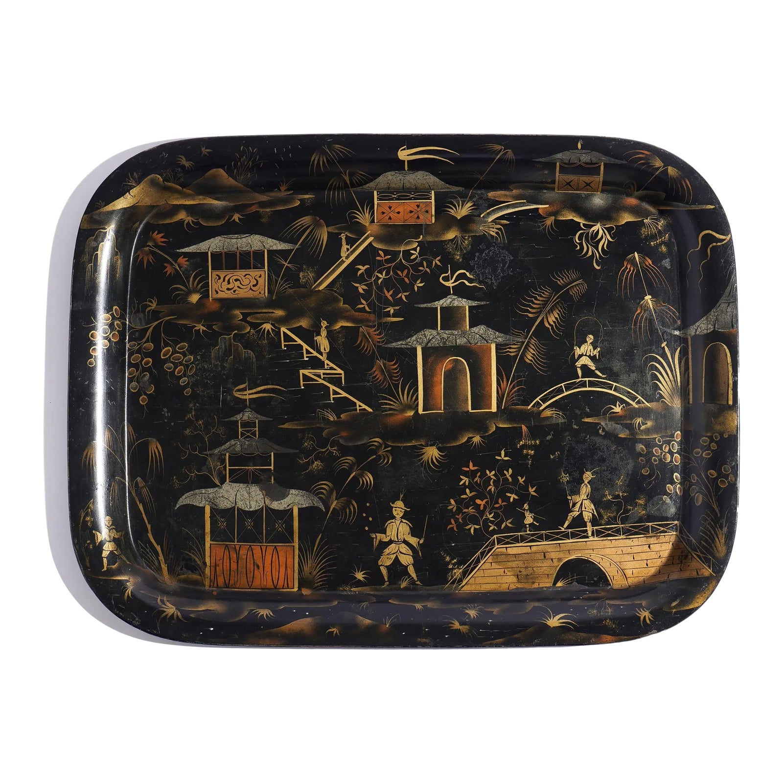 English Naive Chinoiserie Rolled Rim Tole Tray, 1830 | Chairish