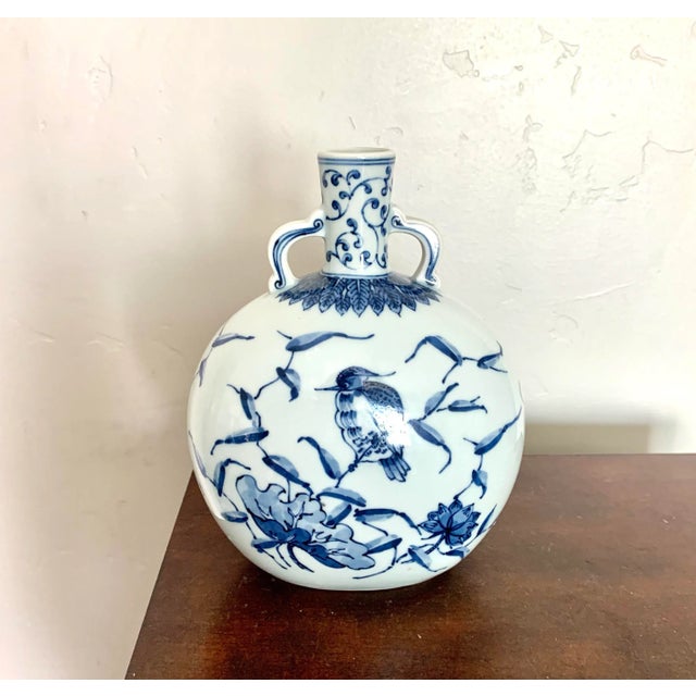Bird Design Ceramic Blue and White Japanese Made Bottle Vase With Handles For Sale - Image 4 of 5