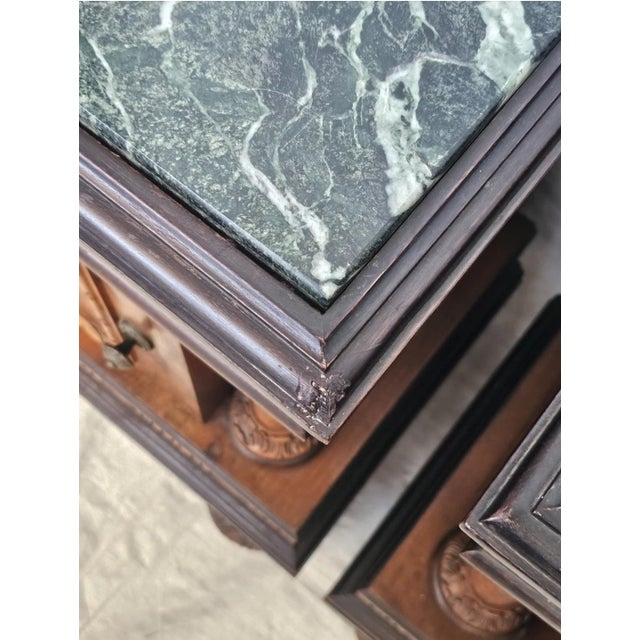 Brown Pair of Italian Burl Walnut Nightstands With Green Marble Tops & Mirrors 1930s For Sale - Image 8 of 18