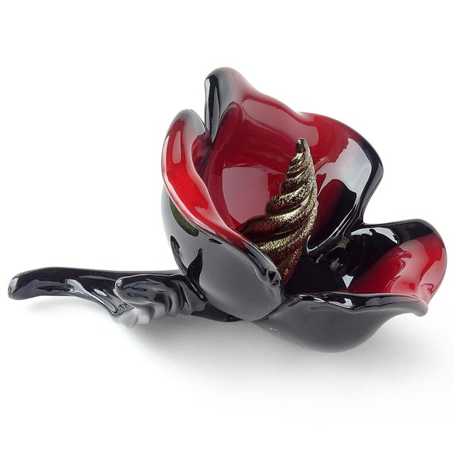 Beautiful and rare, vintage Murano hand blown jet black and ruby red bands Italian art glass flower sculpture / figurine....