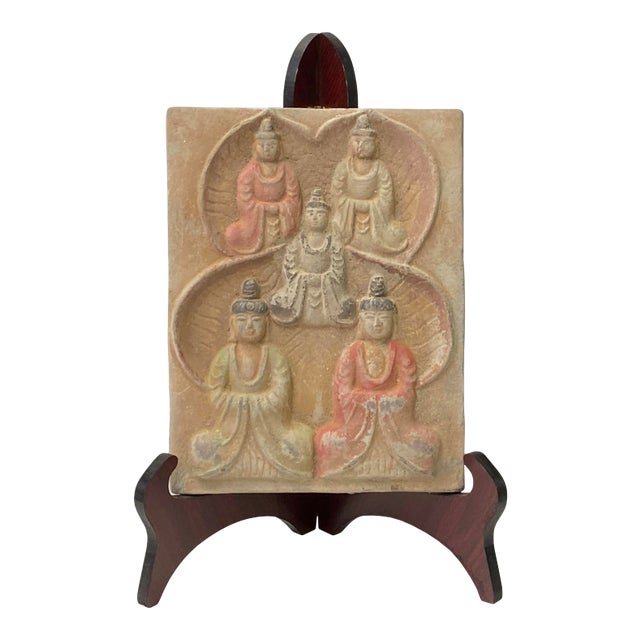 Chinese Oriental Handmade Clay Buddhas Theme Plaque Display For Sale