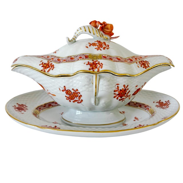White Herend Chinese Bouquet Rust Gravy Boat With Attached Plate & Lid and Rose Finial For Sale - Image 8 of 14