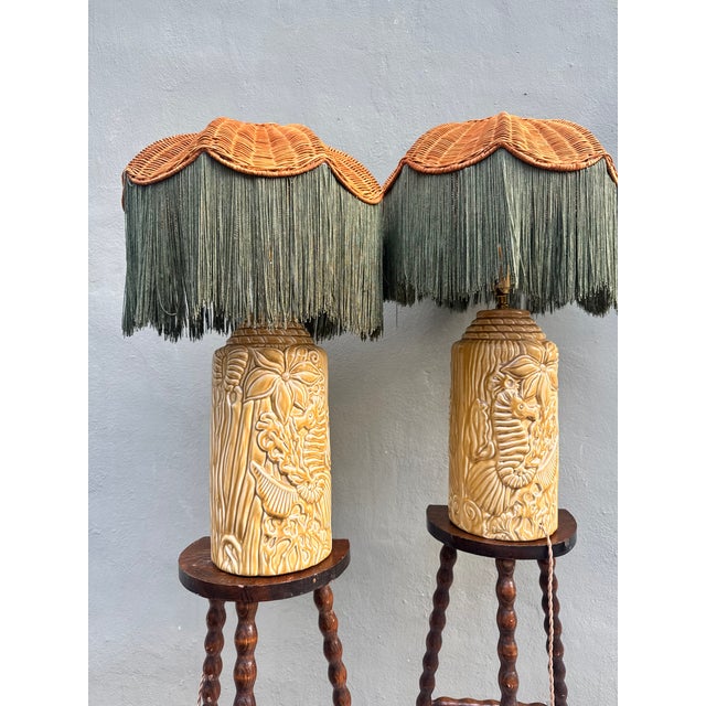 Vintage Mid-Century Ceramic Seahorse Relief Table Lamps, a Pair — Coastal Hollywood Regency, Rewired For Sale - Image 9 of 15