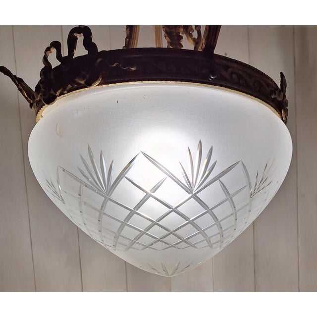 Metal Antique French Pendant Lamp with Ornate Brass Frame, 1890s For Sale - Image 7 of 8