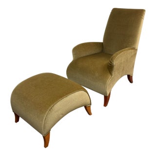 John Hutton for Donghia Olive Mohair Chair + Ottoman, Set For Sale