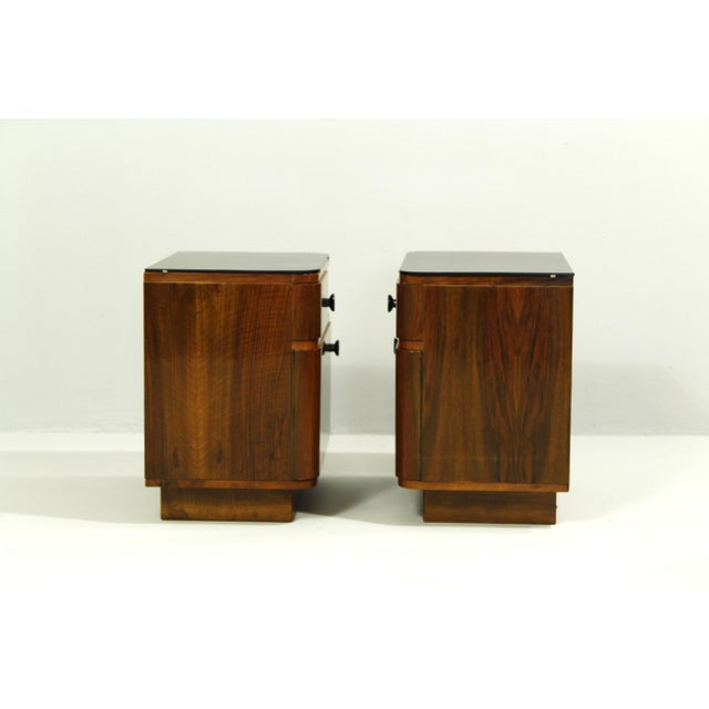 Mid-Century Modern Mid-Century Nightstands with Walnut Veneer and Black Opal Glass Tops, 1960s, Set of 2 For Sale - Image 3 of 17