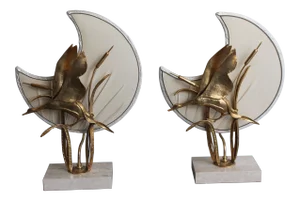 1930's French Art Deco Maison Charles Gilt Bronze Flamingos Against Silk Moon Lamps - a Pair