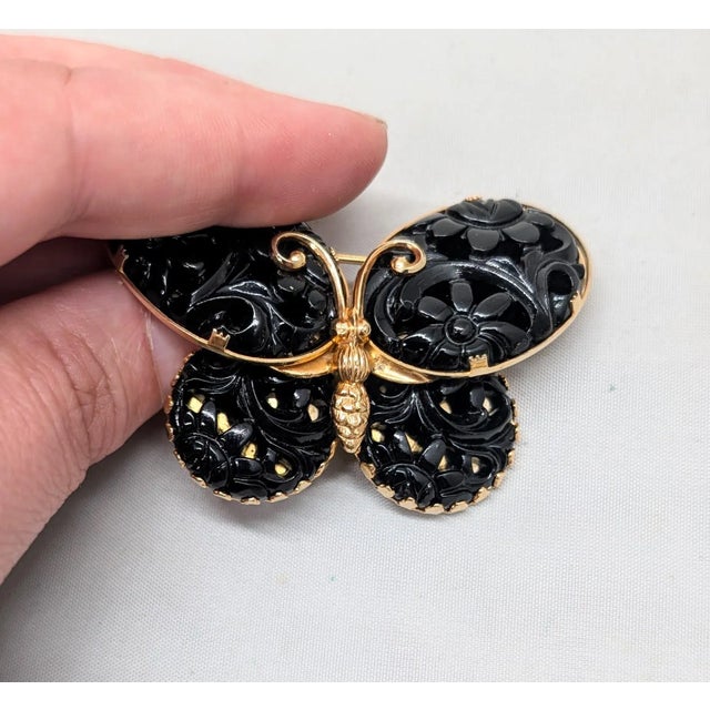Metal Vintage 1960s Signed Napier Goldtone Carved Faux-Onyx Butterfly Brooch For Sale - Image 7 of 8