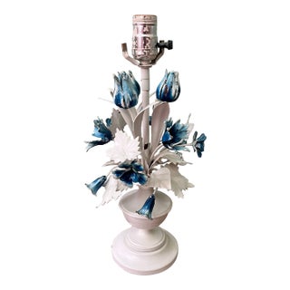 Mid 20th Century Italian Blue and White Floral Toleware Lamp For Sale