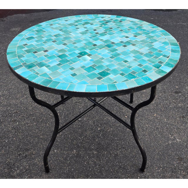Metal 40" Handcrafted Emerald Aqua Moroccan Mosaic Table, Bejmat Style For Sale - Image 7 of 7