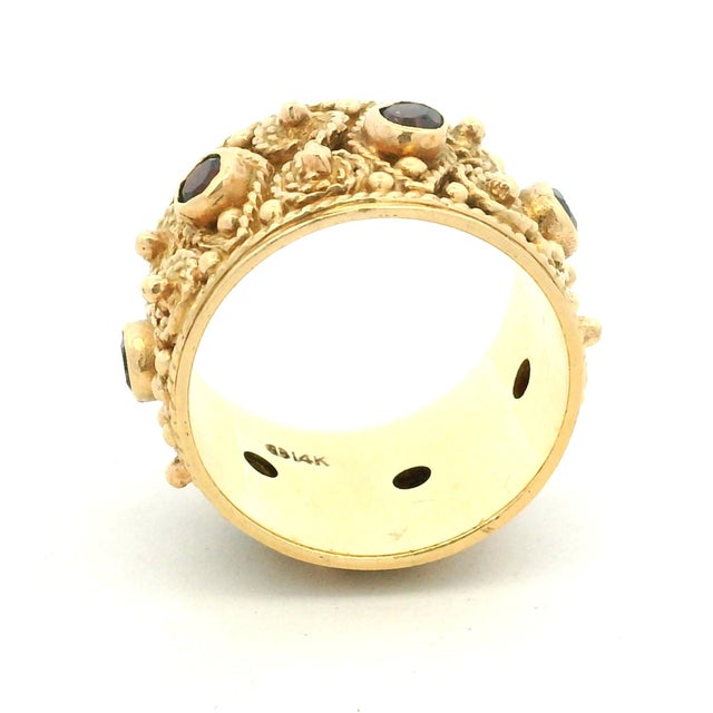 Vintage 1970s Etruscan Revival 14k Gold Ruby Wide Band Ring, Size 7.5 For Sale In Miami - Image 6 of 10