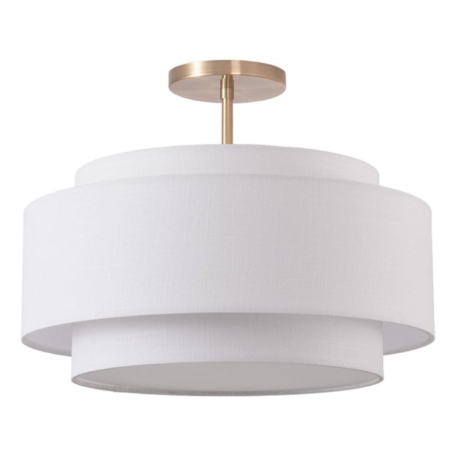 Coronado Semi Flush Mount Light - White Linen Shade, Weathered Brass, Dimmable For Sale