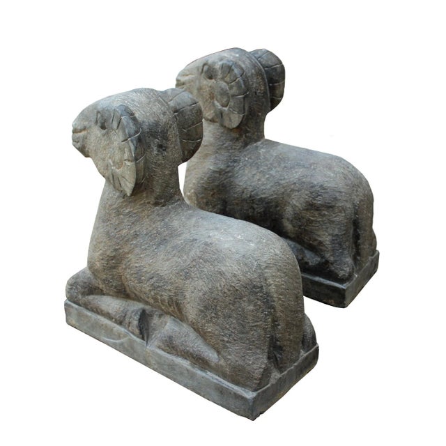 Chinese Look Gray Color Crouching Ram Stone Statues - a Pair For Sale In San Francisco - Image 6 of 7