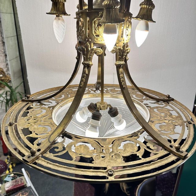 Art Nouveau Ceiling Lamp in Gilt Bronze and Frosted Crystal, France, 1930s For Sale - Image 13 of 18