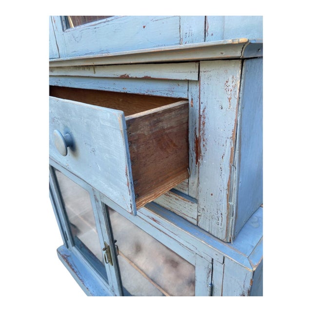 Antique 19th Century European Pine Step-Back Cabinet With Original Hand Painted Blue Finish For Sale - Image 4 of 7