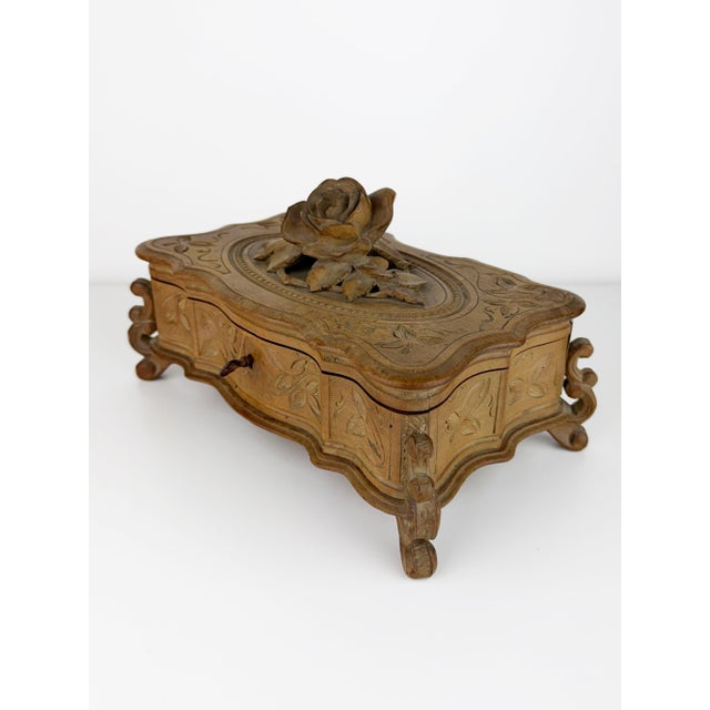 Antique Black Forest Carved Wood Jewelry Box with Rose, 1890s For Sale - Image 6 of 14
