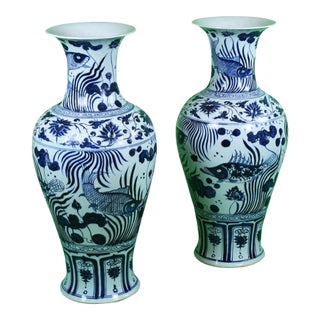 Pair of White and Blue Fish Ceramic Vases For Sale