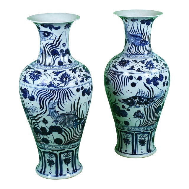 Pair of White and Blue Fish Ceramic Vases For Sale