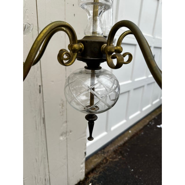 American Vintage Five Arm Brass and Crystal Chandelier For Sale - Image 3 of 9